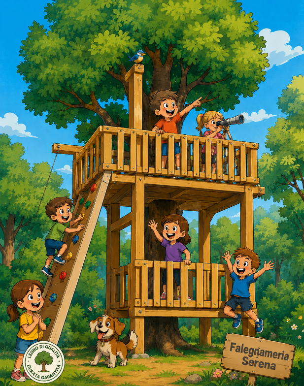 disegno allegro di bambini che giocano sulla loro casetta sull'albero