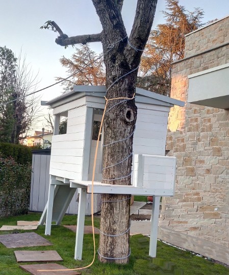 Casetta gioco bimbi colore bianco  su 4 colonne e veranda avvolgente al tronco, fune fissata alla pianta per salire sulla casetta sullo sfondo parete in sasso