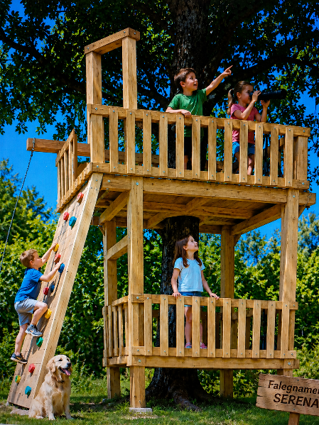 struttura in legno attrezzata per il gioco dei bimbi avvolgente all'albero