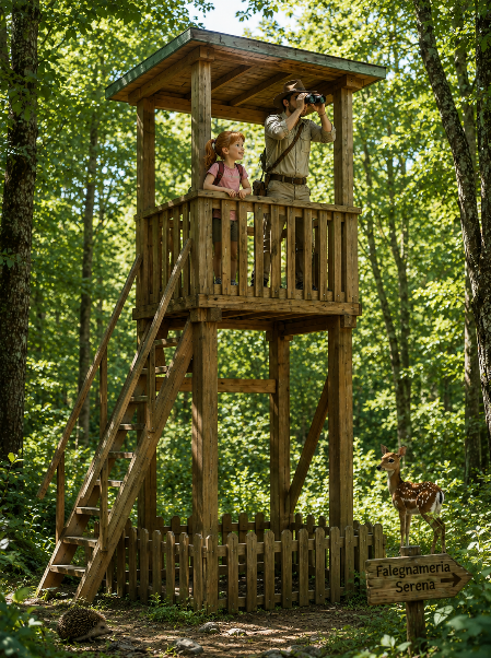 bimba con capelli rossi osserva la natura mmentre il suo papà guarda con il binocolo un cerbiatto in fondo al bosco